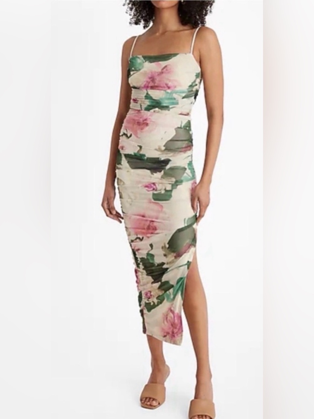 Express Body Contour Compression Floral Ruched Maxi Dress Slit XS Cottagecore